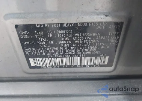 2011 Subaru Outback 2.5I Limited from USA, damaged, VIN 4S4BRBKC5B3331834